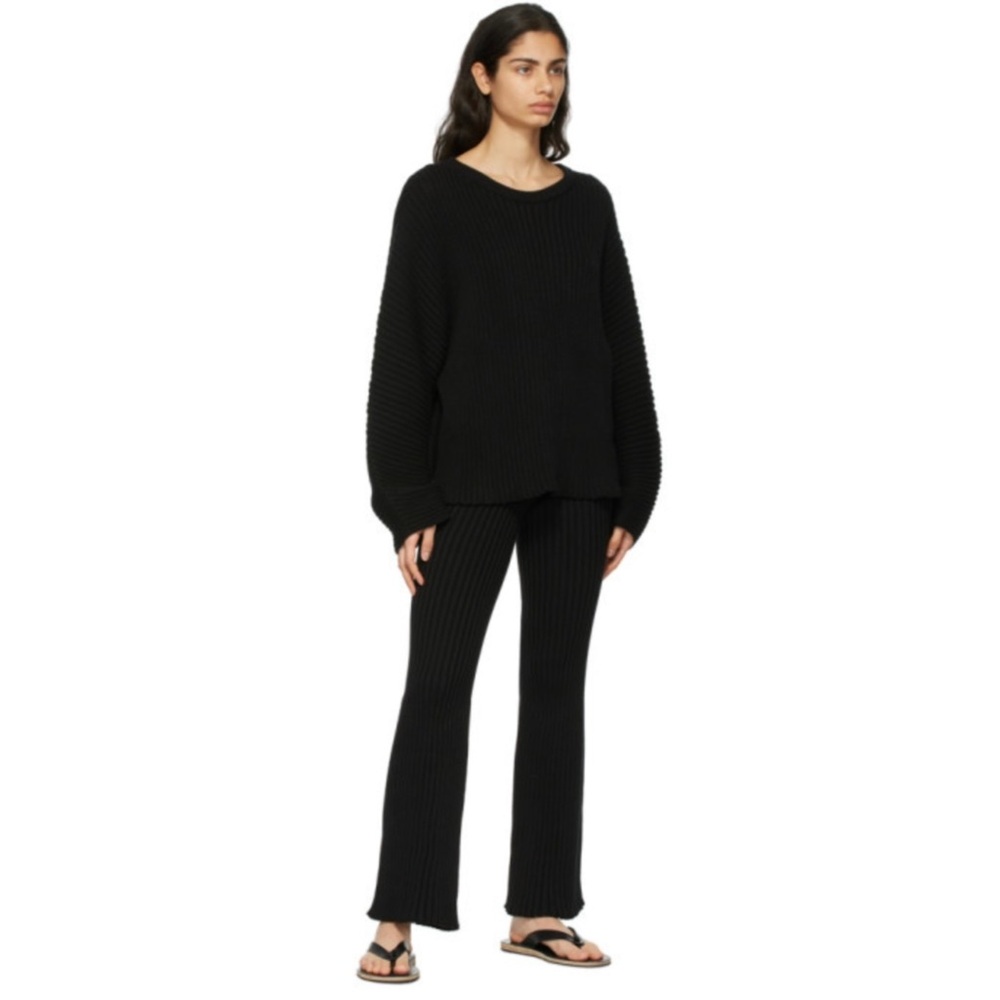 Baserange Black Macau Ribbed 100% Cotton Lounge Pants - Size Medium